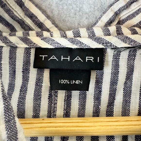 Tahari 100% Linen Button Down Shirt Womens XL Striped Hooded Lagenlook Coastal - Picture 2 of 12